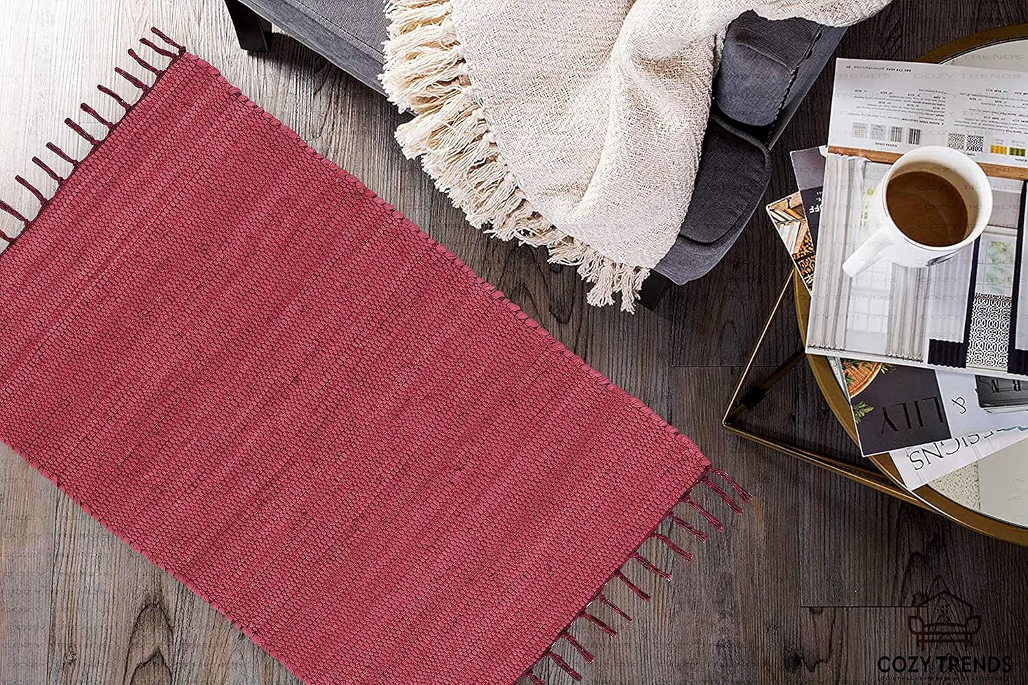 Handmade Cotton Rag Rug 24x36'' | 2x3' Multicolor Area Rugs- Hand Woven Washable & Reversible for Living Room Kitchen Entryway Throw Rug with Tassel (Denim)