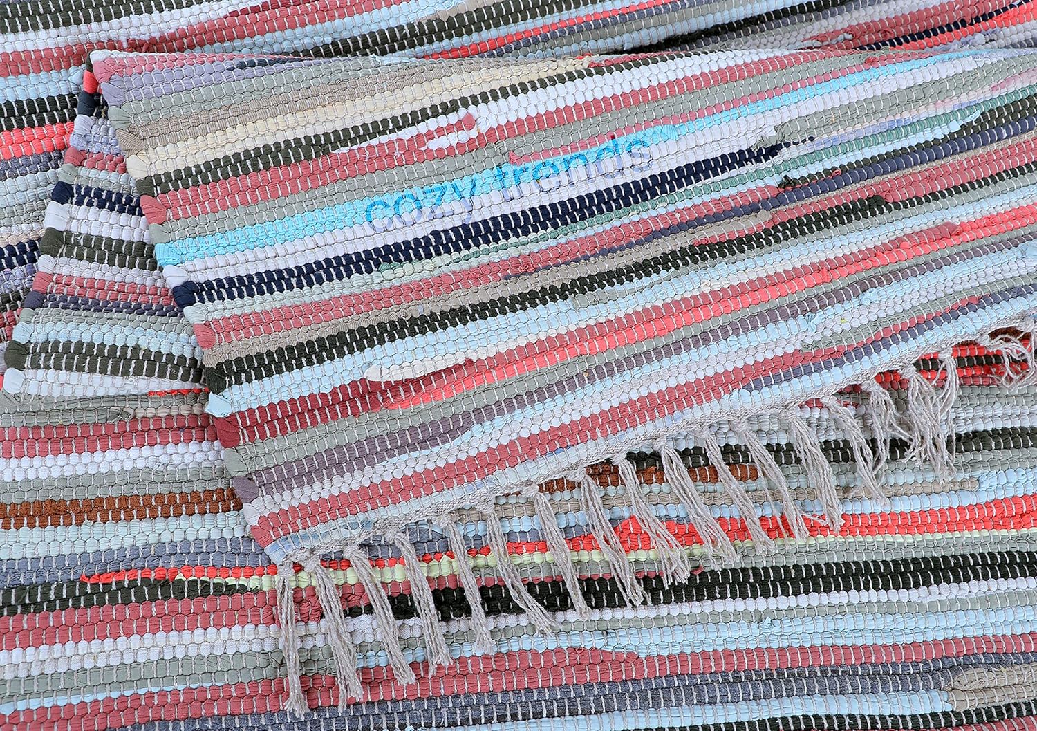 Handmade Cotton Rag Rug 24x36'' | 2x3' Multicolor Area Rugs- Hand Woven Washable & Reversible for Living Room Kitchen Entryway Throw Rug with Tassel (Denim)