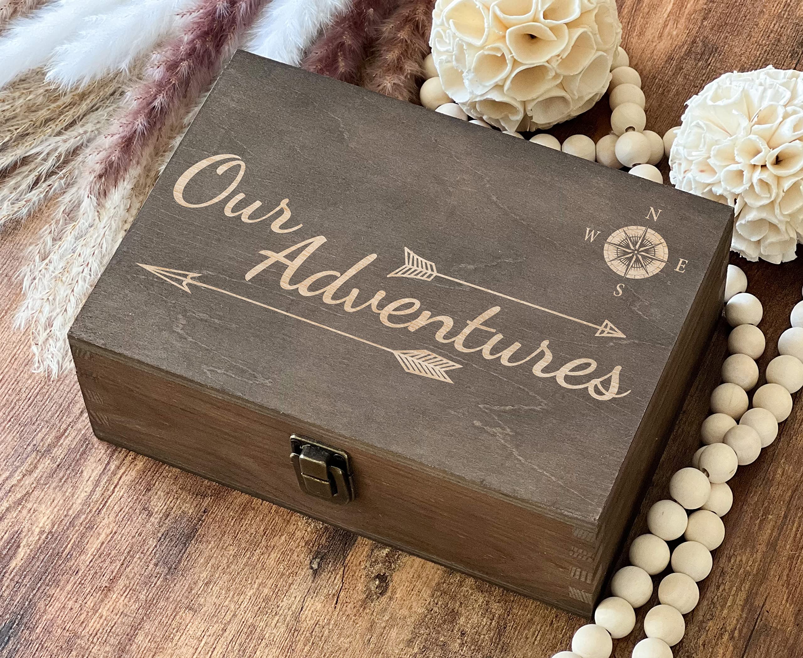 Dark Walnut Wooden Keepsake Box Our Adventures - 8.5x6x3in, Ideal for 5th Anniversary, Elegant Memory Box for Couples, Travel-Themed Storage