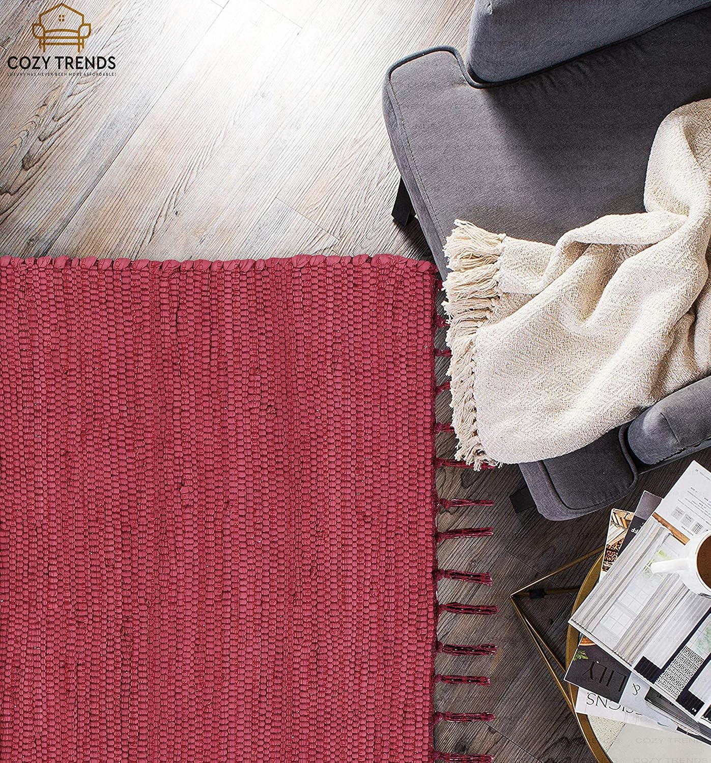 Handmade Cotton Rag Rug 24x36'' | 2x3' Multicolor Area Rugs- Hand Woven Washable & Reversible for Living Room Kitchen Entryway Throw Rug with Tassel (Denim)