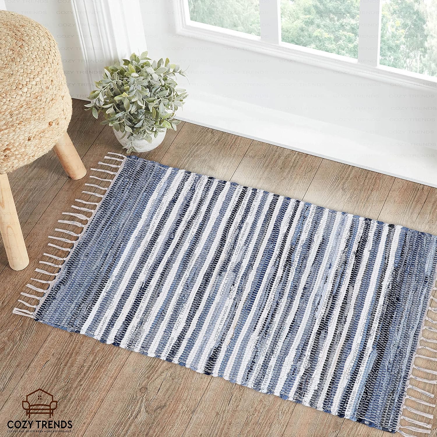 Handmade Cotton Rag Rug 24x36'' | 2x3' Multicolor Area Rugs- Hand Woven Washable & Reversible for Living Room Kitchen Entryway Throw Rug with Tassel (Denim)