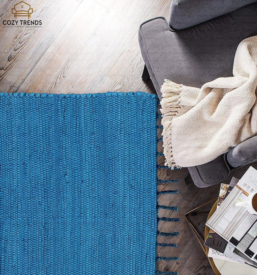 Handmade Cotton Rag Rug 24x36'' | 2x3' Multicolor Area Rugs- Hand Woven Washable & Reversible for Living Room Kitchen Entryway Throw Rug with Tassel (Denim)