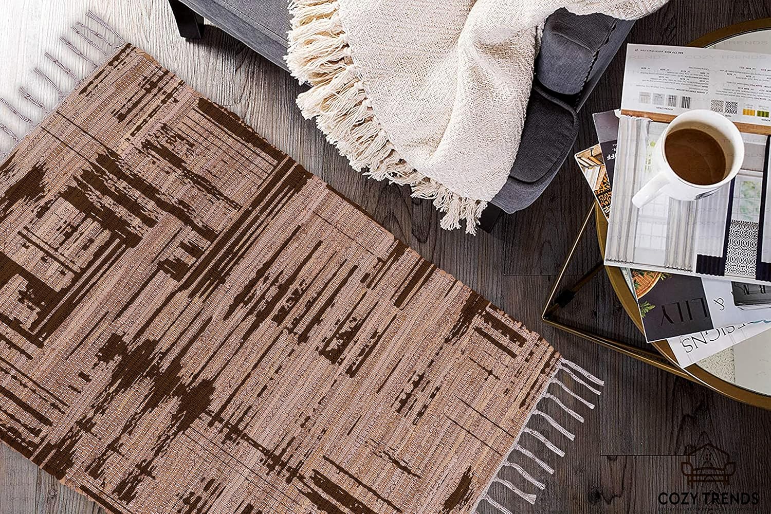 Handmade Cotton Rag Rug 24x36'' | 2x3' Multicolor Area Rugs- Hand Woven Washable & Reversible for Living Room Kitchen Entryway Throw Rug with Tassel (Denim)