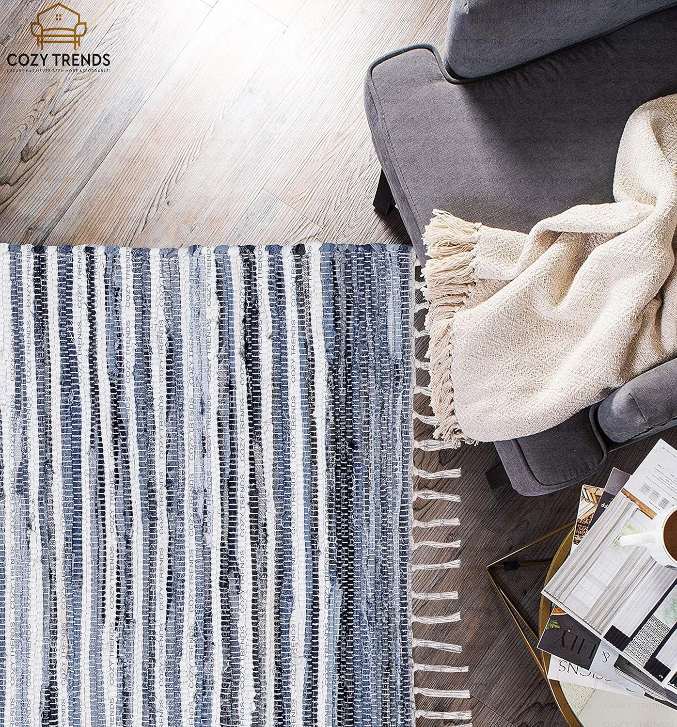 Handmade Cotton Rag Rug 24x36'' | 2x3' Multicolor Area Rugs- Hand Woven Washable & Reversible for Living Room Kitchen Entryway Throw Rug with Tassel (Denim)