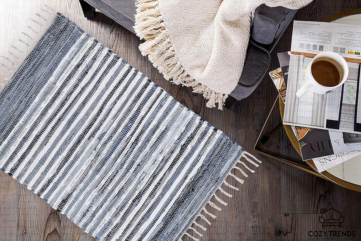 Handmade Cotton Rag Rug 24x36'' | 2x3' Multicolor Area Rugs- Hand Woven Washable & Reversible for Living Room Kitchen Entryway Throw Rug with Tassel (Denim)