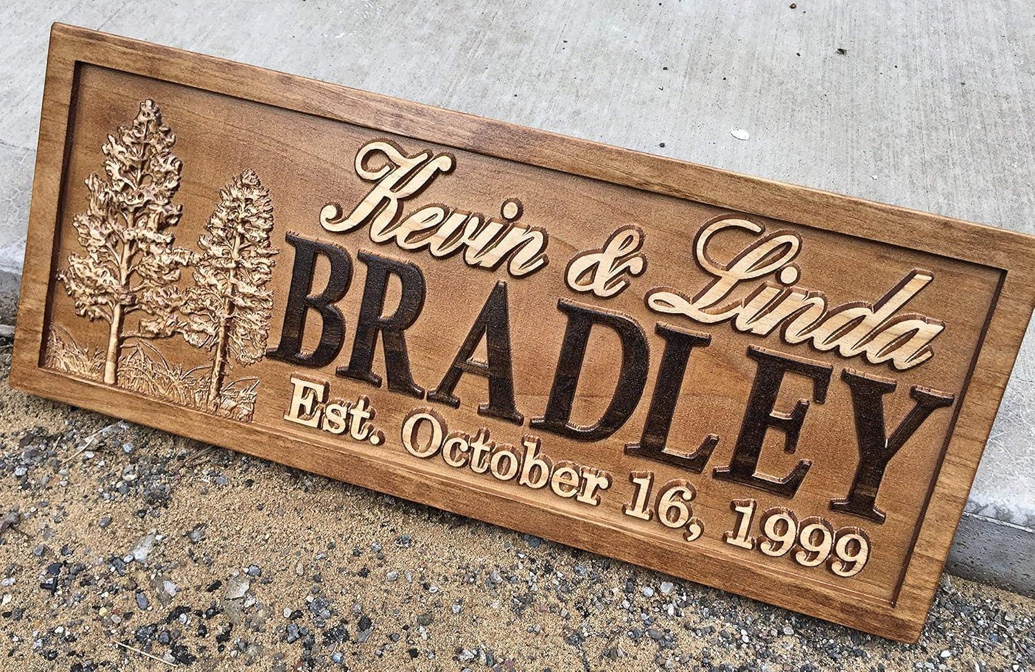 Rustic Wedding Signs Wood Wall Art Personalized Couples Gift Ideas Family Last Name Custom Name Sign Lakehouse Hunting Lodge Home Decor Tree Carved Wooden Cabin 5 Year Anniversary - Handmade Lifestyle Shop