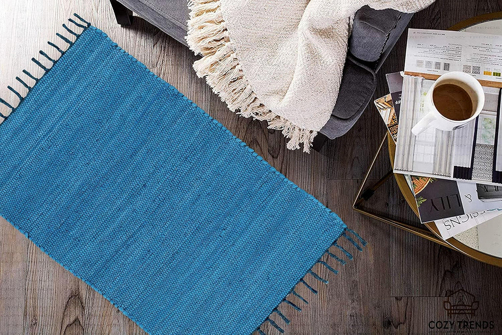 Handmade Cotton Rag Rug 24x36'' | 2x3' Multicolor Area Rugs- Hand Woven Washable & Reversible for Living Room Kitchen Entryway Throw Rug with Tassel (Denim)