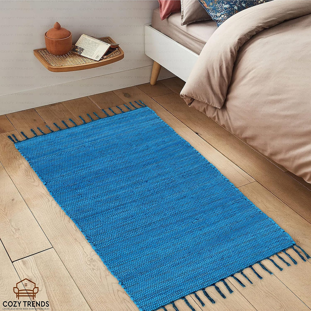 Handmade Cotton Rag Rug 24x36'' | 2x3' Multicolor Area Rugs- Hand Woven Washable & Reversible for Living Room Kitchen Entryway Throw Rug with Tassel (Denim)