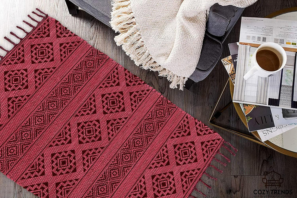 Handmade Cotton Rag Rug 24x36'' | 2x3' Multicolor Area Rugs- Hand Woven Washable & Reversible for Living Room Kitchen Entryway Throw Rug with Tassel (Denim)