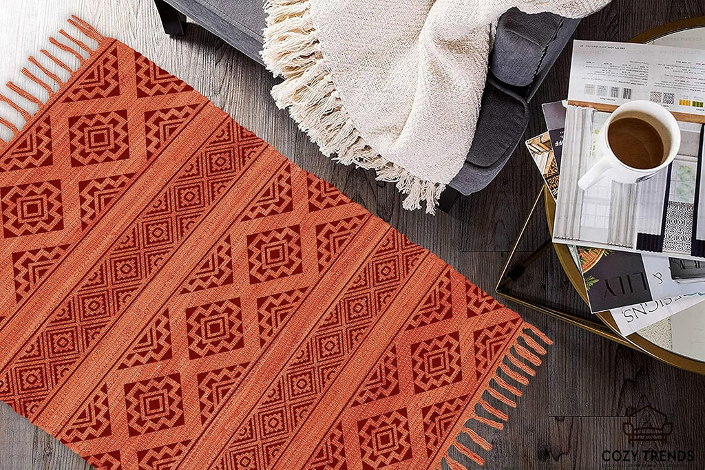 Handmade Cotton Rag Rug 24x36'' | 2x3' Multicolor Area Rugs- Hand Woven Washable & Reversible for Living Room Kitchen Entryway Throw Rug with Tassel (Denim)