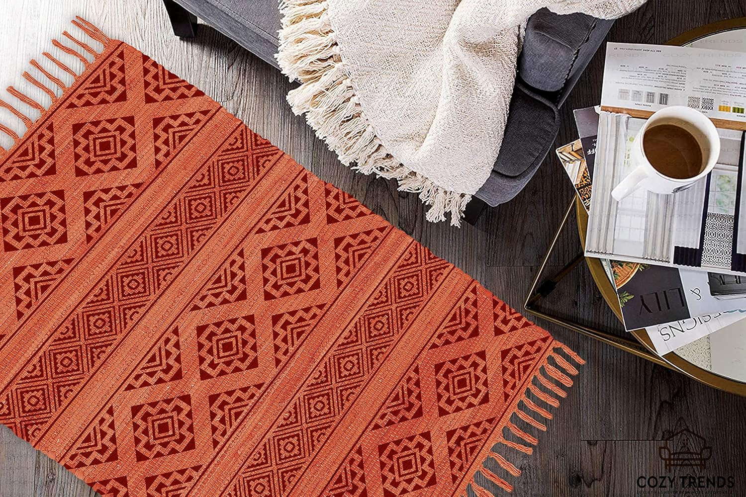 Handmade Cotton Rag Rug 24x36'' | 2x3' Multicolor Area Rugs- Hand Woven Washable & Reversible for Living Room Kitchen Entryway Throw Rug with Tassel (Denim)