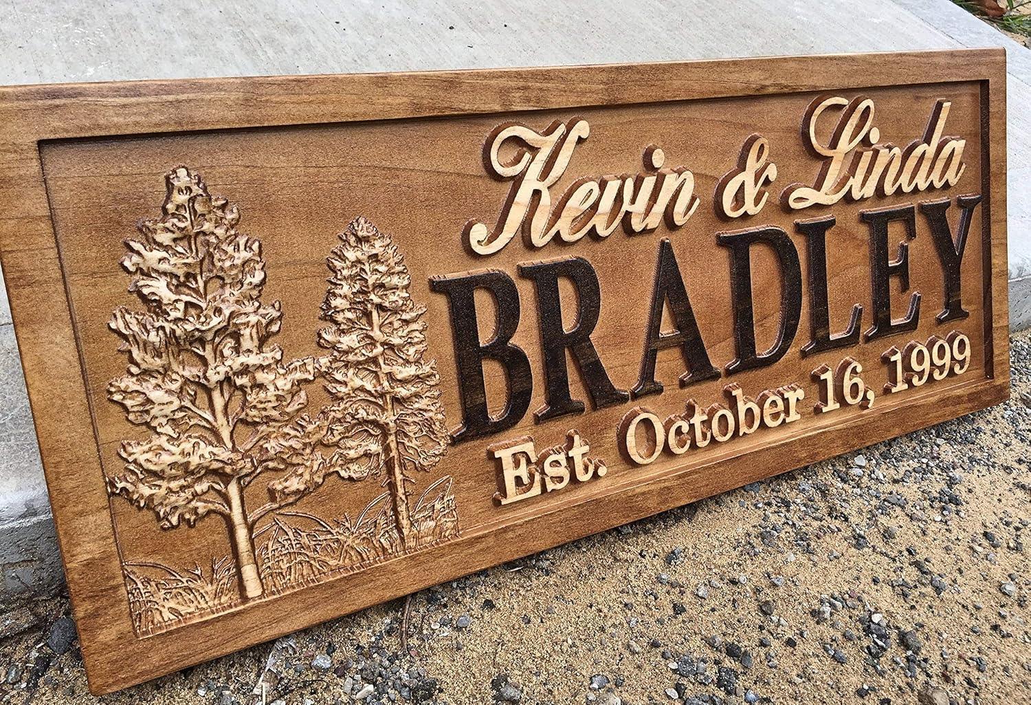 Rustic Wedding Signs Wood Wall Art Personalized Couples Gift Ideas Family Last Name Custom Name Sign Lakehouse Hunting Lodge Home Decor Tree Carved Wooden Cabin 5 Year Anniversary - Handmade Lifestyle Shop