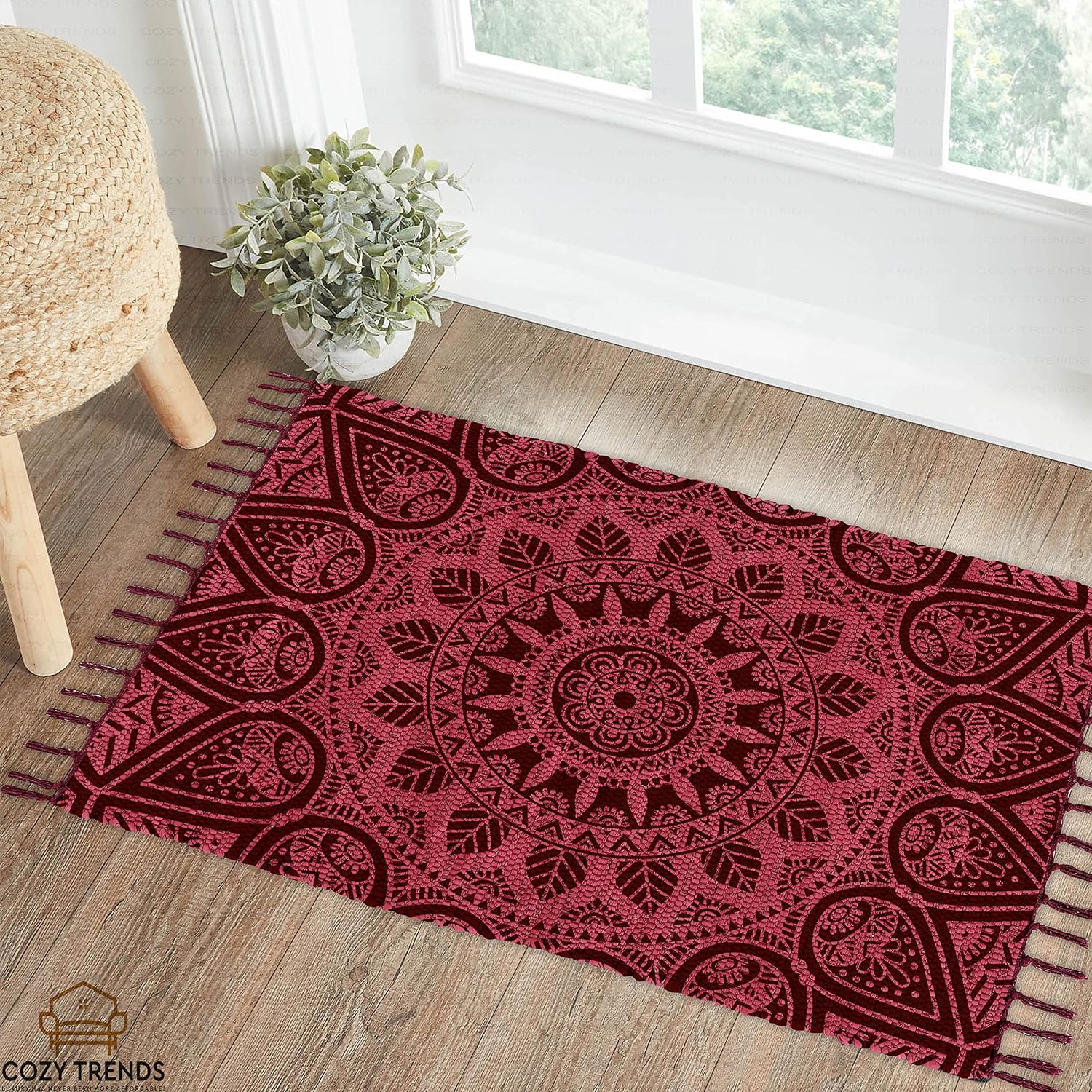 Handmade Cotton Rag Rug 24x36'' | 2x3' Multicolor Area Rugs- Hand Woven Washable & Reversible for Living Room Kitchen Entryway Throw Rug with Tassel (Denim)