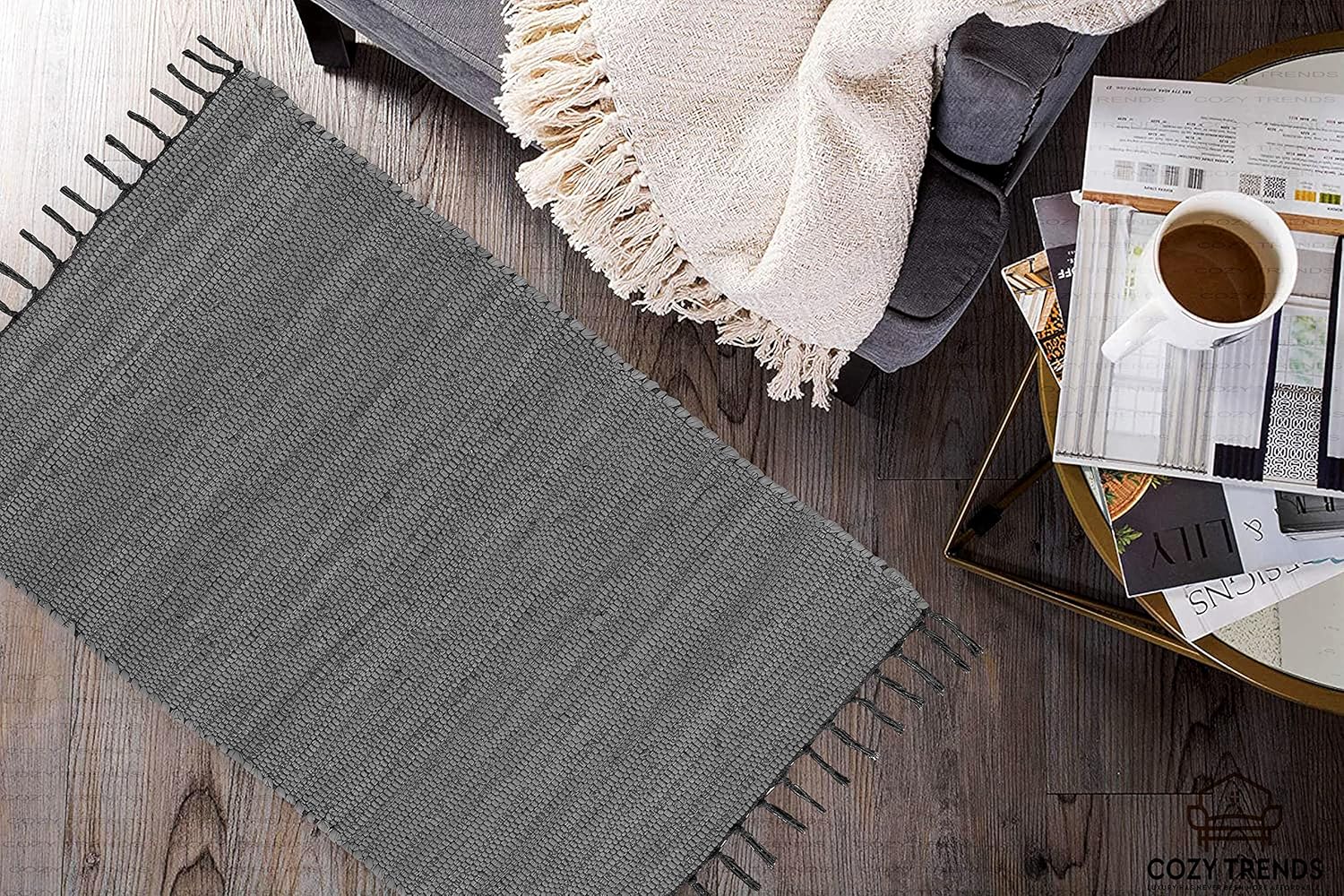 Handmade Cotton Rag Rug 24x36'' | 2x3' Multicolor Area Rugs- Hand Woven Washable & Reversible for Living Room Kitchen Entryway Throw Rug with Tassel (Denim)