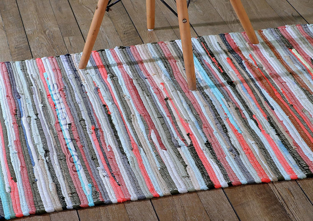 Handmade Cotton Rag Rug 24x36'' | 2x3' Multicolor Area Rugs- Hand Woven Washable & Reversible for Living Room Kitchen Entryway Throw Rug with Tassel (Denim)