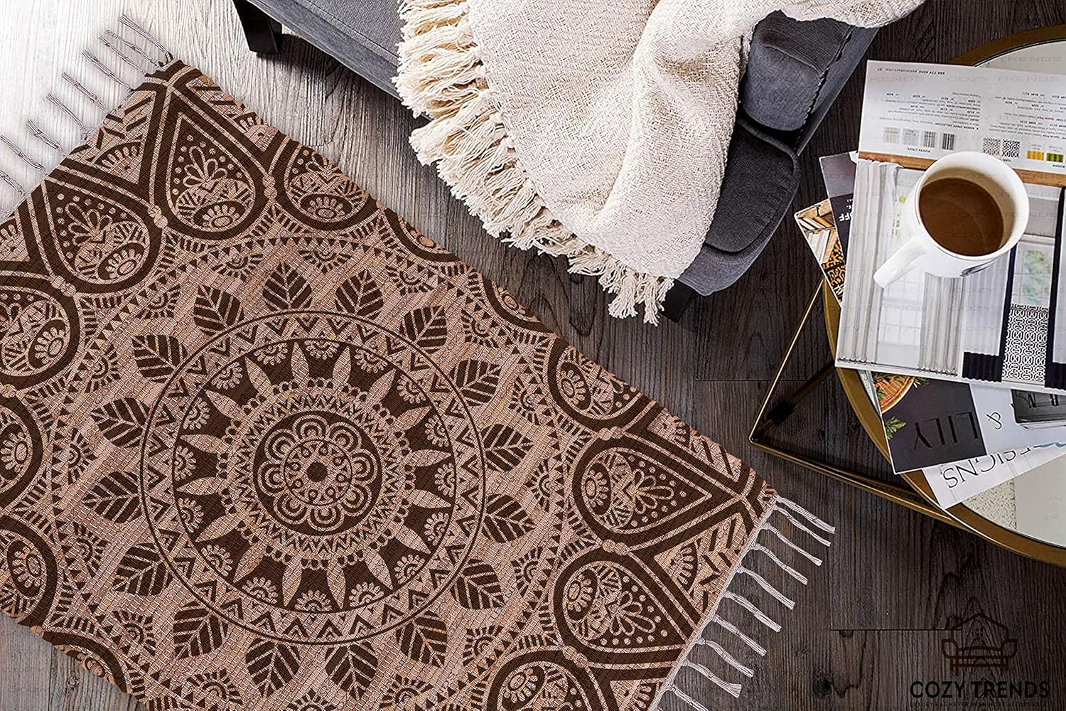 Handmade Cotton Rag Rug 24x36'' | 2x3' Multicolor Area Rugs- Hand Woven Washable & Reversible for Living Room Kitchen Entryway Throw Rug with Tassel (Denim)