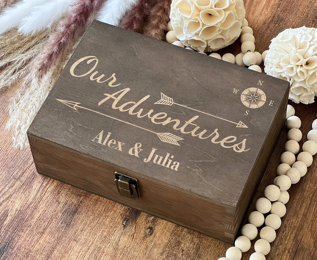 Dark Walnut Wooden Keepsake Box Our Adventures - 8.5x6x3in, Ideal for 5th Anniversary, Elegant Memory Box for Couples, Travel-Themed Storage
