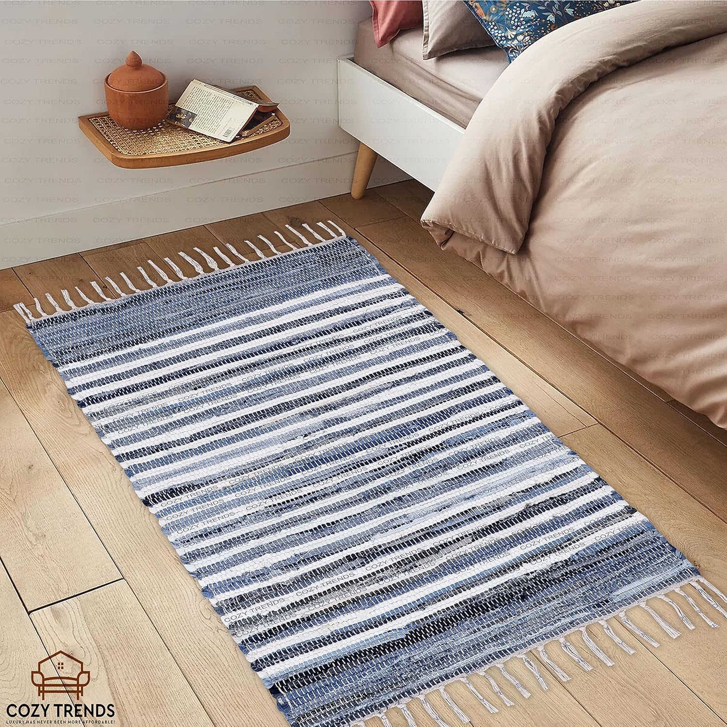 Handmade Cotton Rag Rug 24x36'' | 2x3' Multicolor Area Rugs- Hand Woven Washable & Reversible for Living Room Kitchen Entryway Throw Rug with Tassel (Denim)