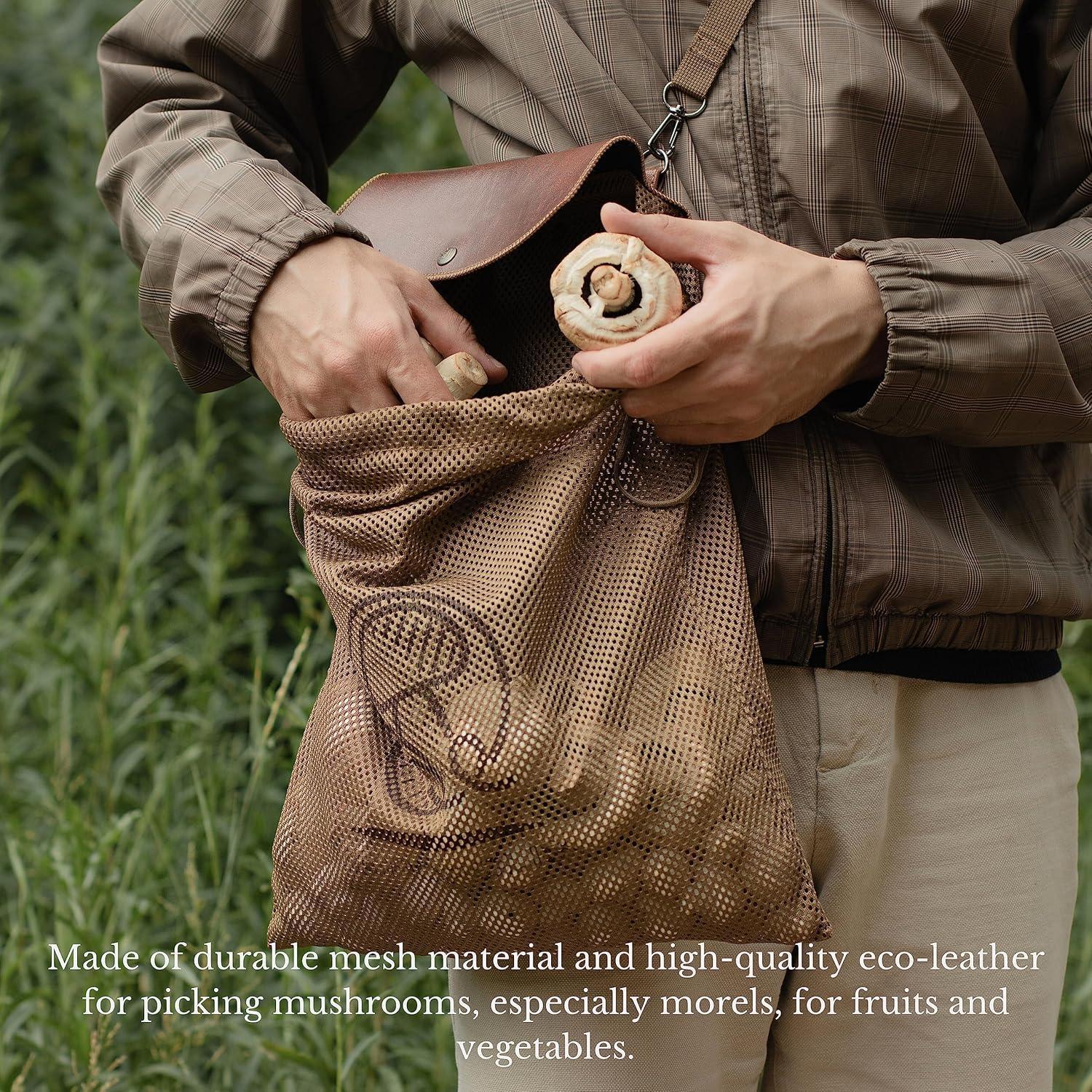 Mesh Bag On Belt Wearing Mushroom Hunting Bag, Fruit Picking Bag Vegetable Harvest Apples Berry Garden Bag Belt, Durable PU Leather Mesh Bag Waist Fixing Belt Loop - Handmade Lifestyle Shop